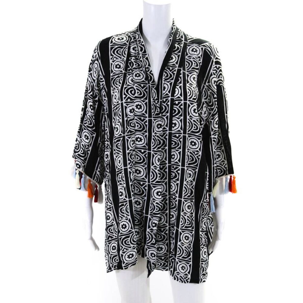 THML Women's Short Sleeves Tassel Open Front Swimsuit Coverup Black Size M